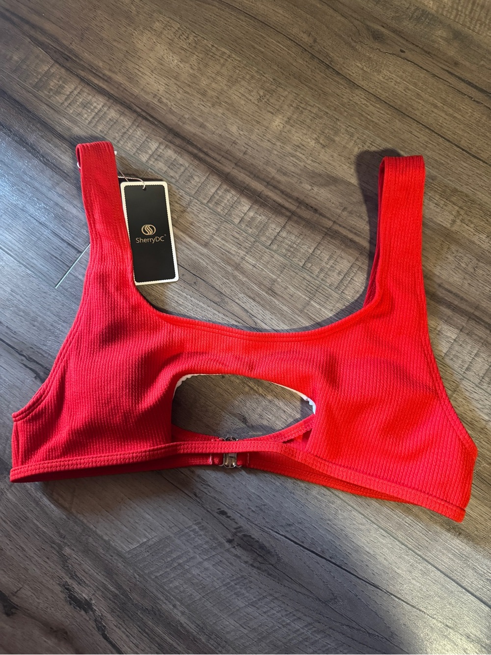 SherryDC Red Ribbed Cutout Bikini Top